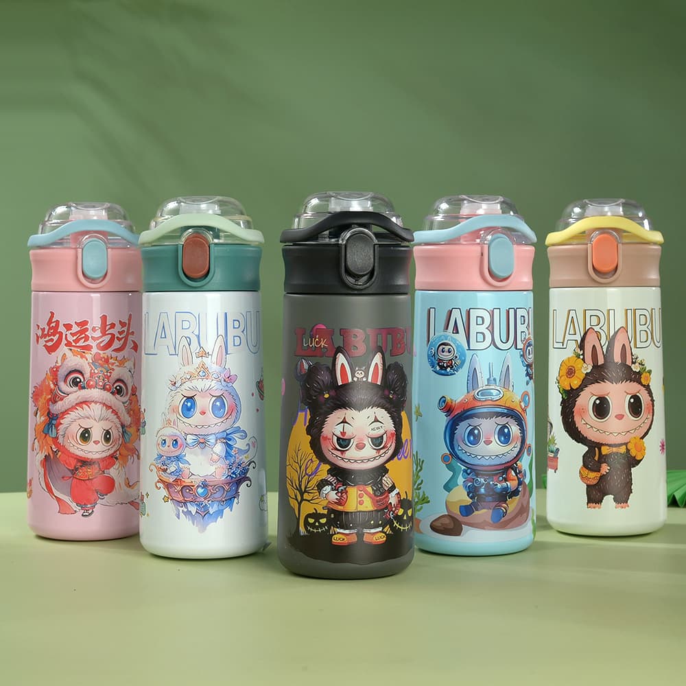 Cartoon 3D Printed Portable Insulated Thermos Jumping Pea Cup with Straw Handheld Bubbling Cup Customizable Stainless Steel