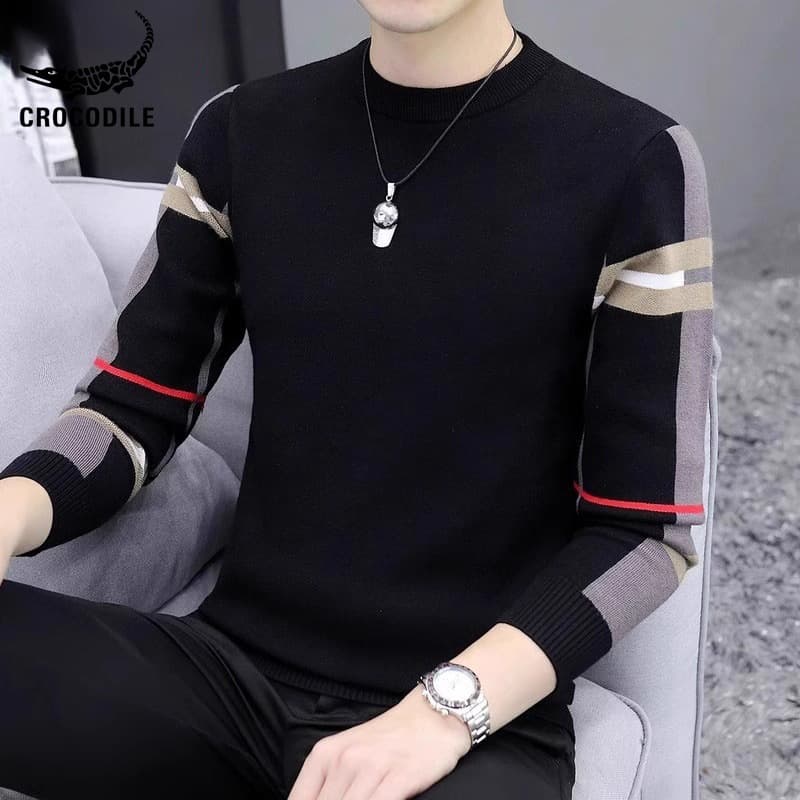Men's Autumn and Winter Fleece-Lined Thick Wool Sweater, Slim Fit, Color-Blocked Crew Neck Base Knit Sweater