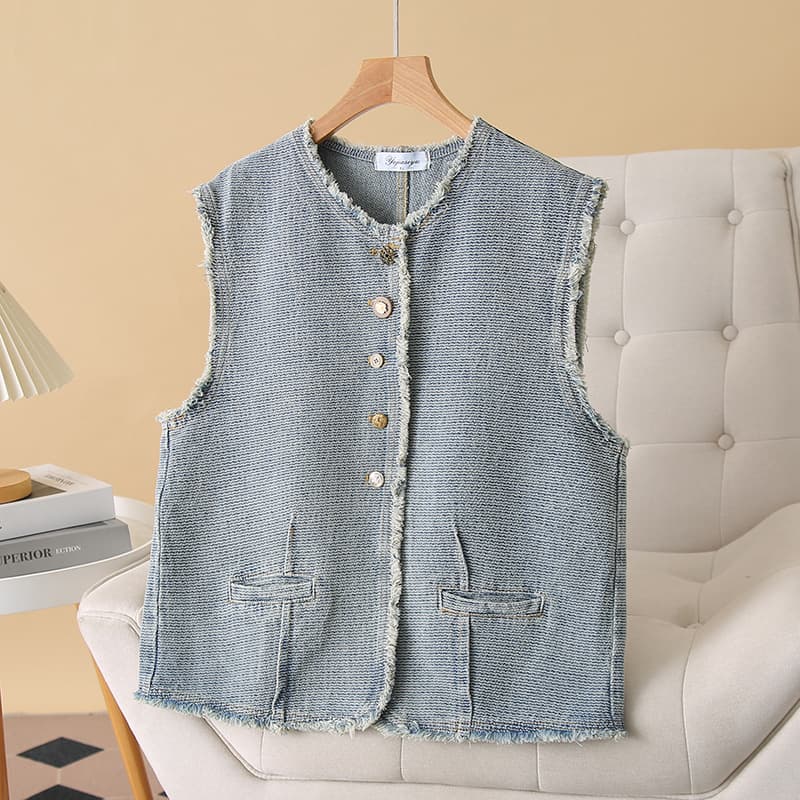 2025 Autumn Large Size Denim Vest Women's Brush Sleeveless Cardigan Vest Fat Girl Fashion Versatile Tassel Vest 2429
