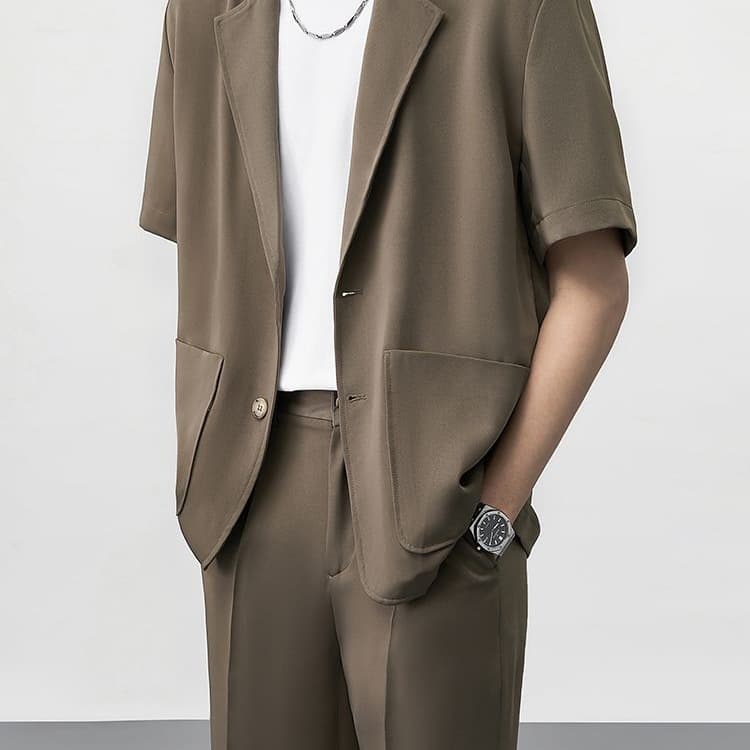 Premium Suit Set for Men Lightweight Short-Sleeve Blazer Summer Casual Jacket Trendy