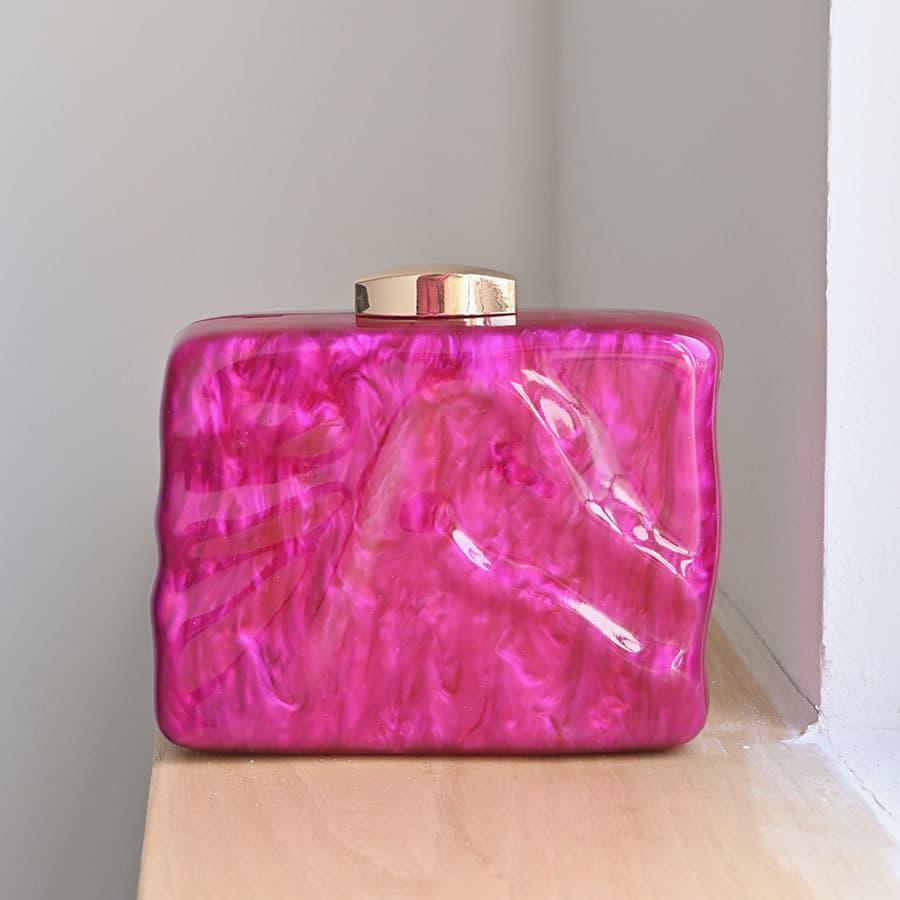 Rose Red Wavy Edge Acrylic Evening Square Bag with Flowing Marble Texture, Gold Lock, Glamorous Clutch