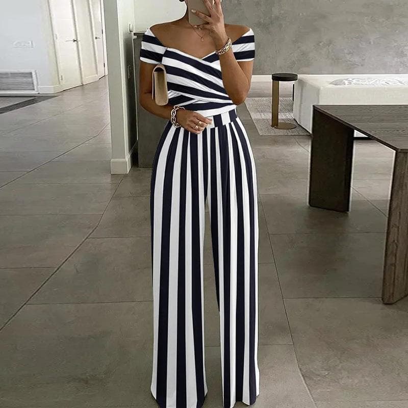 2026 European and American Women's Fashion Summer New Arrival Elegant Vacation Style Printed High-Waist Off-Shoulder Jumpsuit
