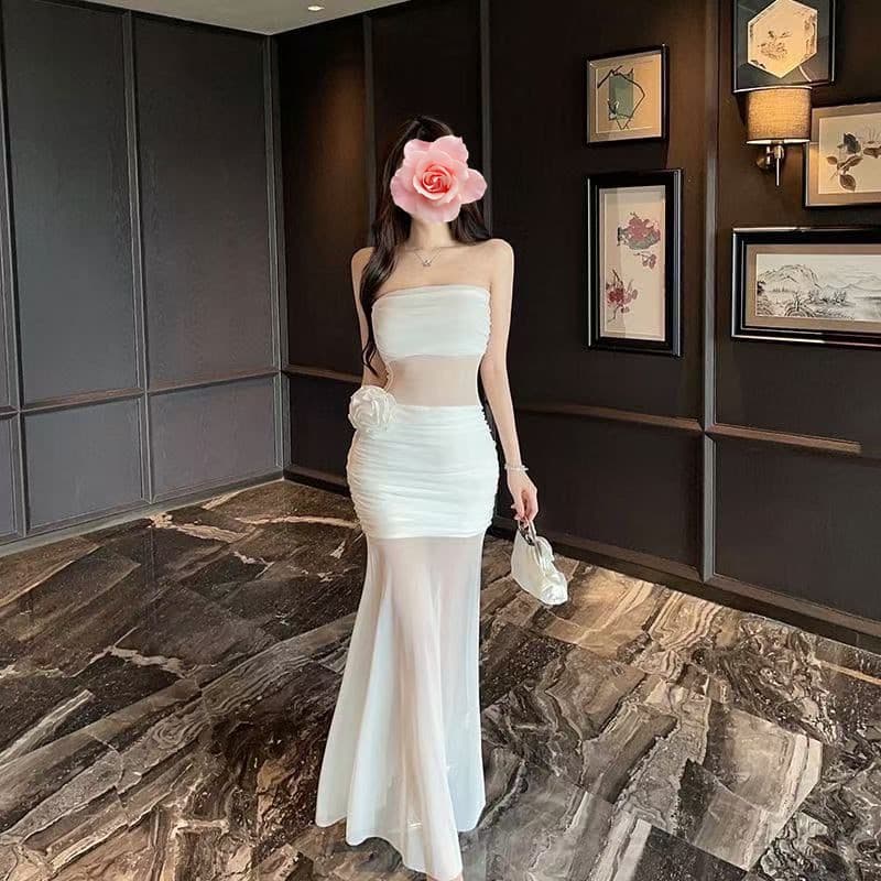 Pure Sexy One-Shoulder Mesh Bustier Dress, High-End Elegant Slimming Annual Party Dress Little White Dress