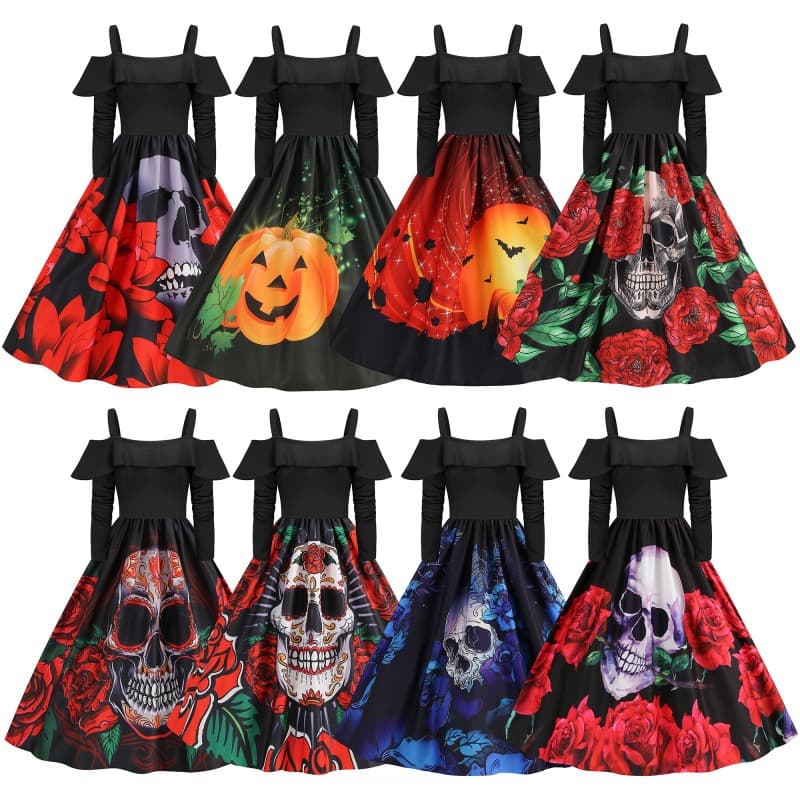 Real-stock Halloween 2023 Amazon best-selling one-line neckline ruffled long-sleeved dress