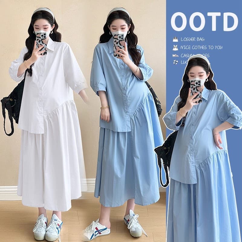 Summer maternity shirt with stylish design, new summer 2025 style, fashionable, youthful, unique, suitable for wearing alone as a long dress.
