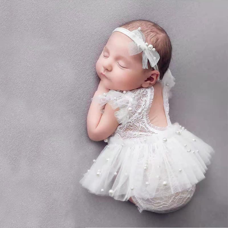 Baby Photo Outfit Pearl Lace Skirt Set Newborn Photography Clothing Baby Girl Romper Photo Bodysuit