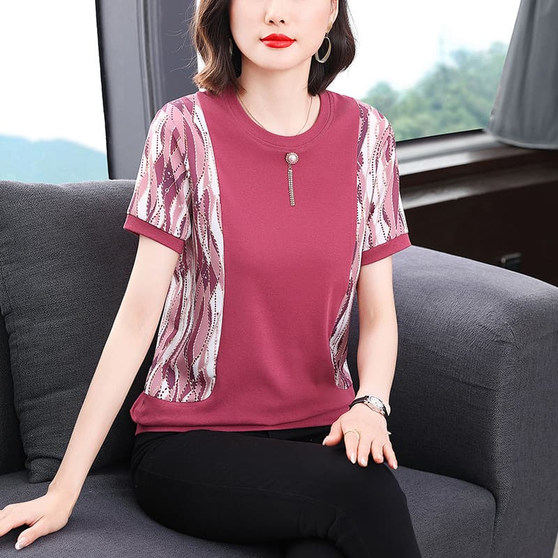 New Summer Stylish Short-Sleeve T-Shirt for Middle-Aged Women 40-50 Years Old Loose Fit Blouse Top