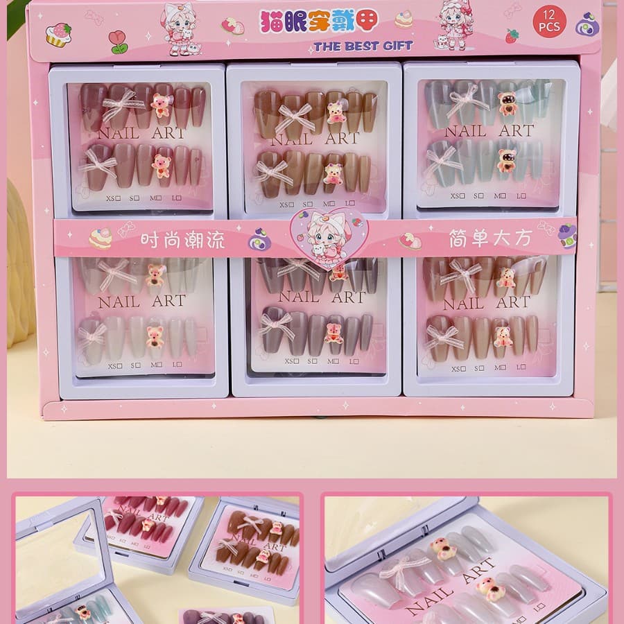 Wearable Nails Medium Long Coffin Box Set 5006 Cream Bear Wholesale for Street Vending, Children's Cute Wearable Nails, Stationery