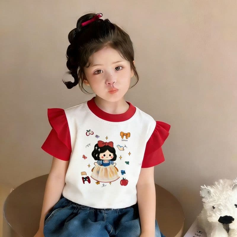 Girls Short Sleeve T-Shirt New Summer Children Fashionable Flutter Sleeve Cute Snow White Print Summer Top