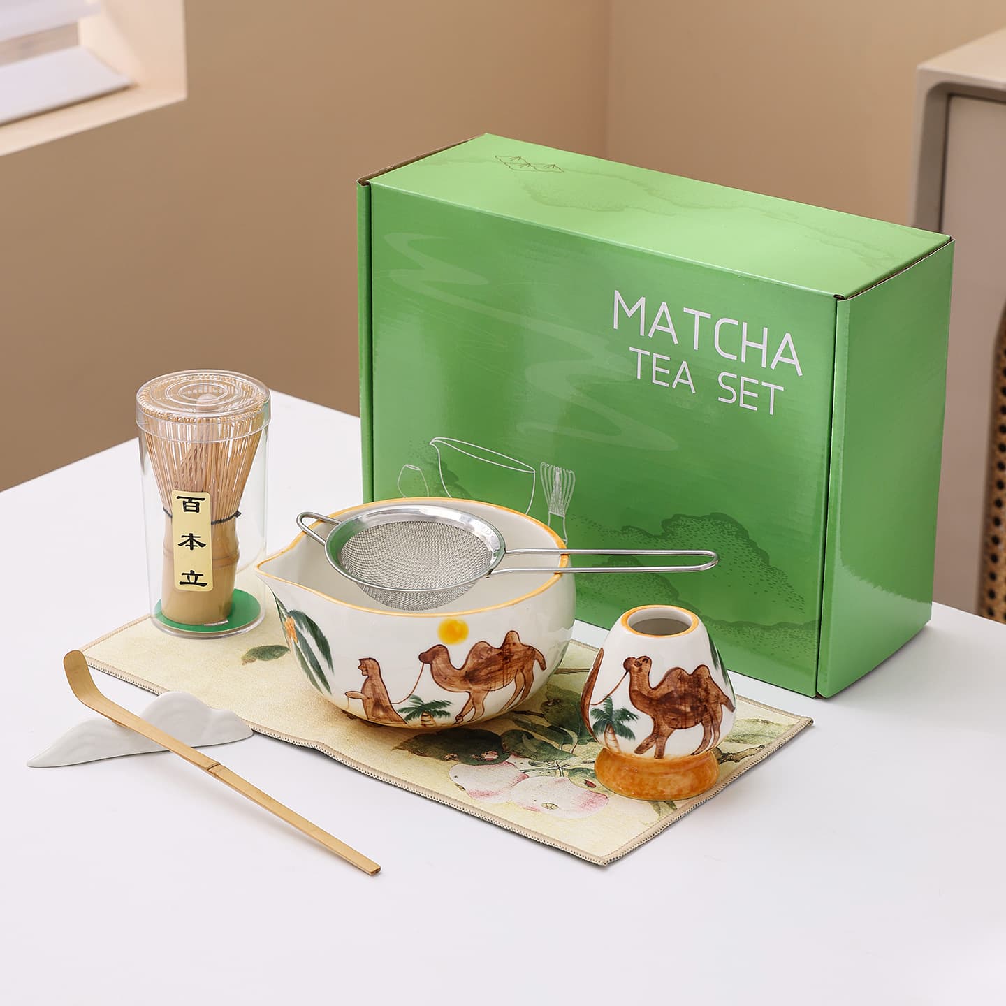 Cross-border TEMU Middle East Market Exclusive Hand-painted Desert Camel Ceramic Matcha Bowl Set with Bamboo Whisk Matcha Stirrer