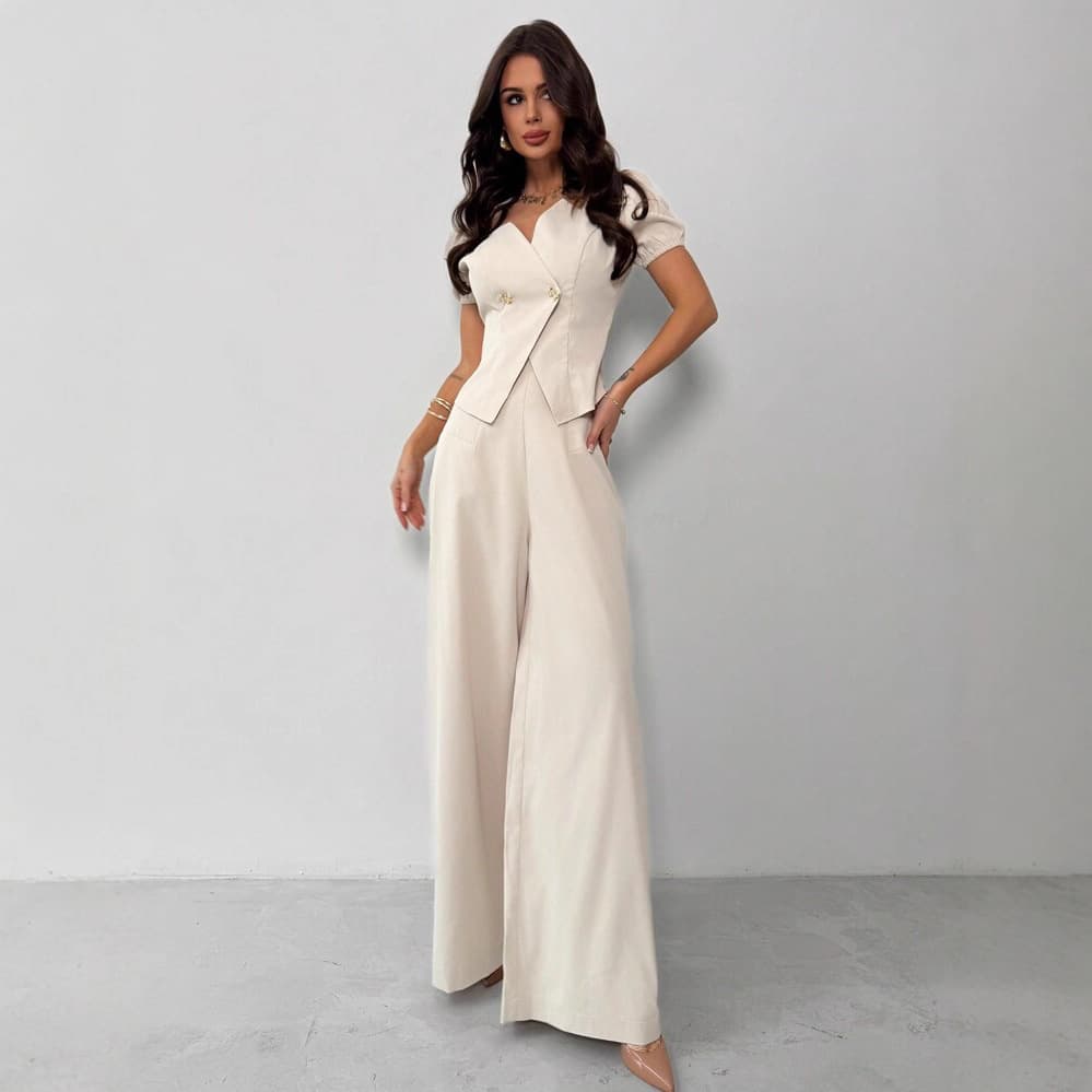 New Arrival Asymmetric Blouse and Wide-Leg Pants Two-Piece Set for Women, Office Commute, Holiday, Suitable for Overseas Independent Station