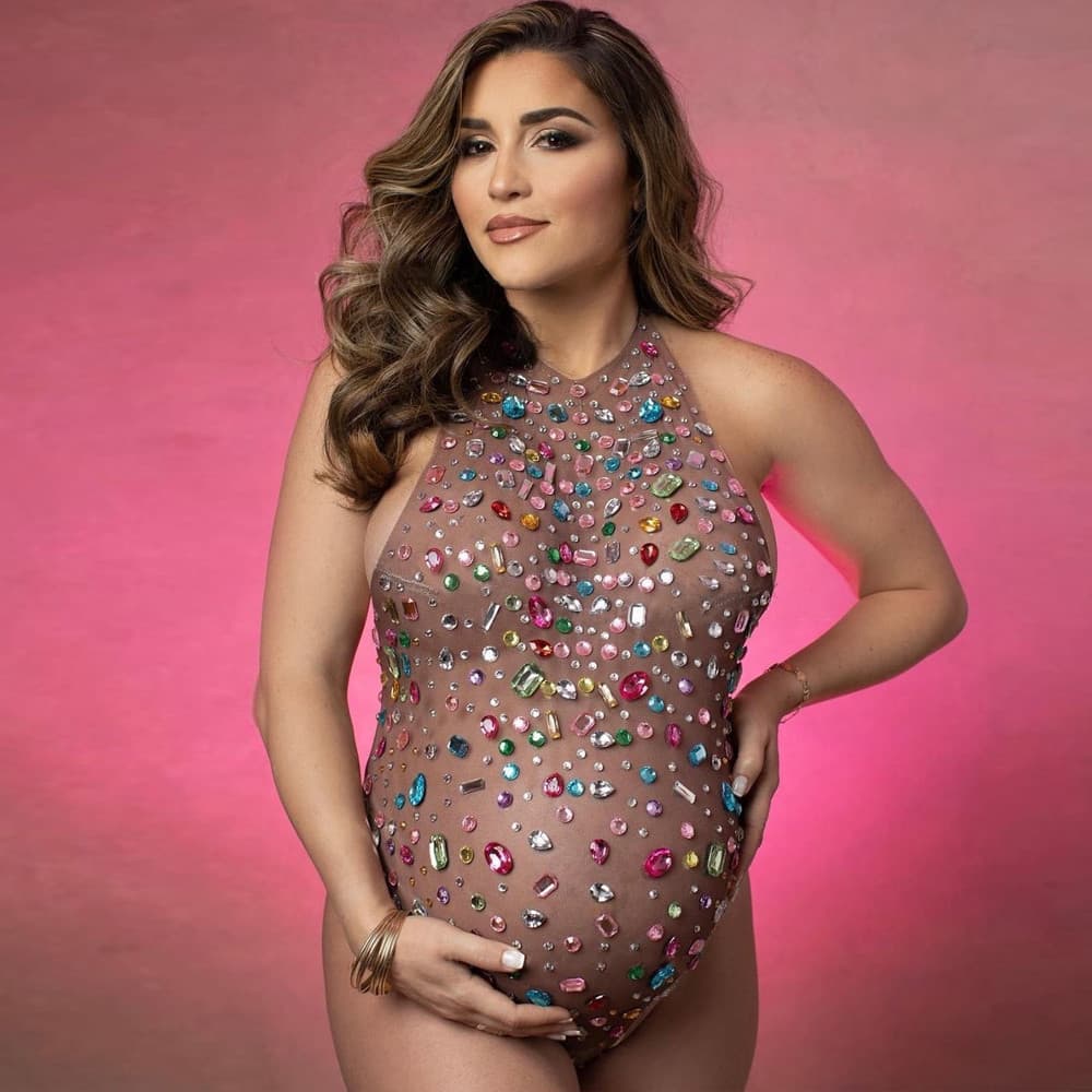 Colorful Diamond Print Maternity Photoshoot Jumpsuit Halter Backless Mesh Bodysuit