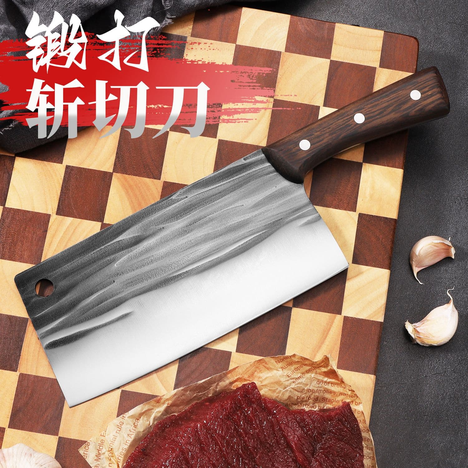 Factory wholesale wooden handle chopping knife, sharp forged kitchen knife, household kitchen knife for cutting vegetables and meat, hammered cutting knife