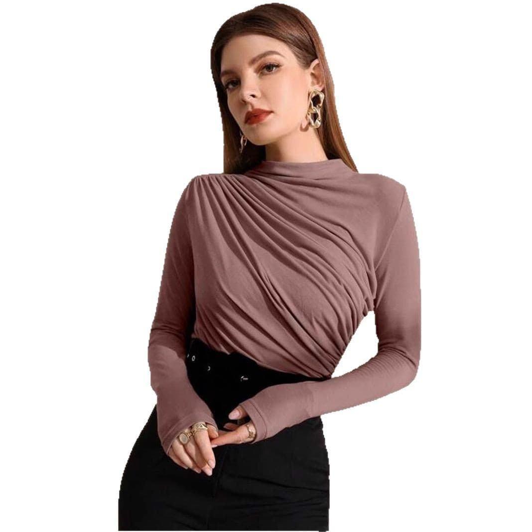 Amazon US/EU Cross-border Fall/Winter Quick-sale Small High Collar Design Pleated Versatile Long-sleeve T-shirt Top 2026