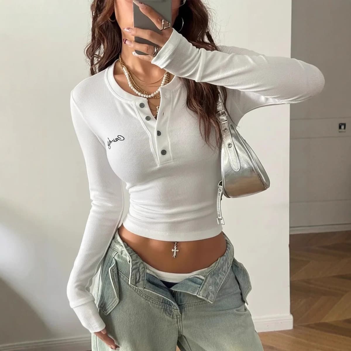 Regular Shoulder Button Cotton Long Sleeve T-Shirt Women Spring Autumn Inner Short Crop Top American Style Slim Fit Figure-Flattering Knit Top