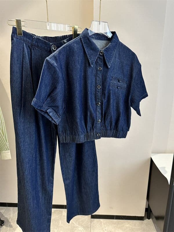 European Station 2025 Summer New High Waist Denim Shirt Women + Elastic Waist Loose Wide Leg Pants Two-piece Set
