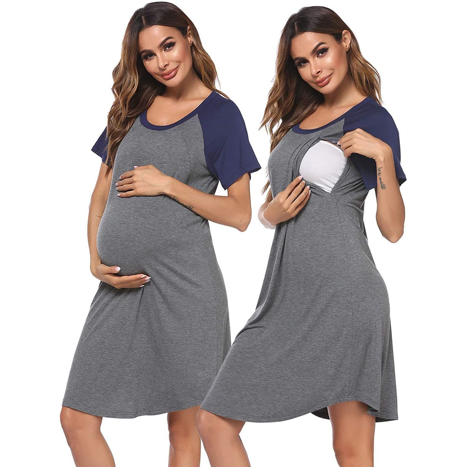 Maternity Lip-Shaped Casual Elastic Comfortable Splicing Short-Sleeve Round Neck Nursing Dress Pajamas