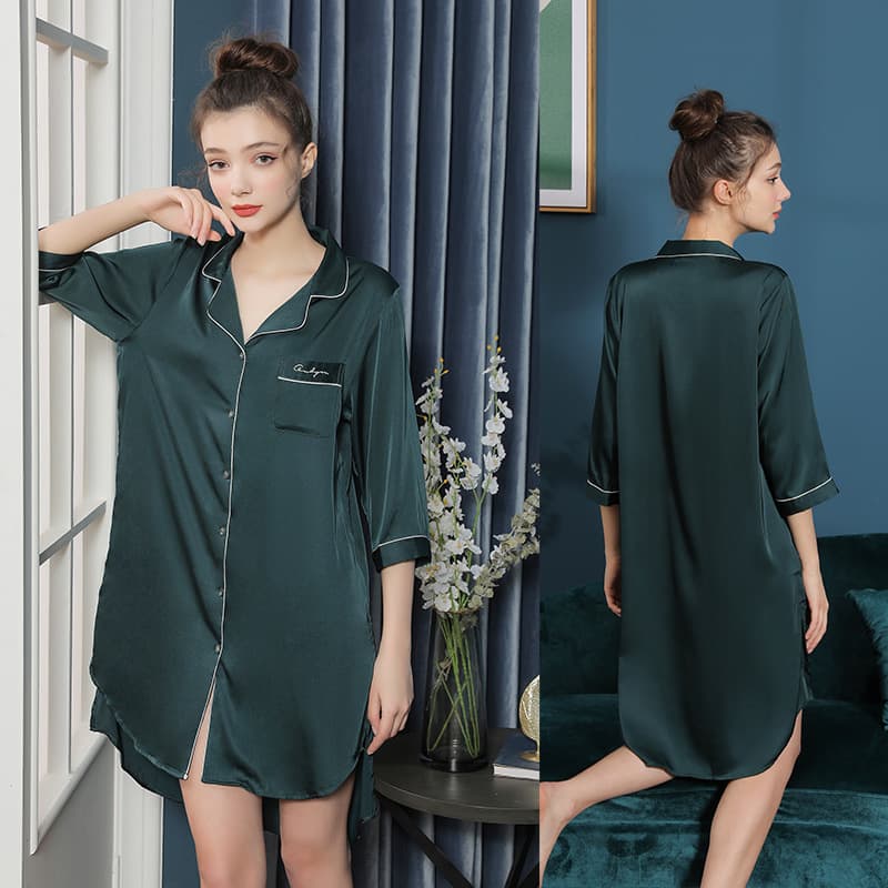 2022 Spring/Autumn Women's Simple Shirt Dress, Women's Pajamas, Ice Silk Half Sleeve Thin Homewear