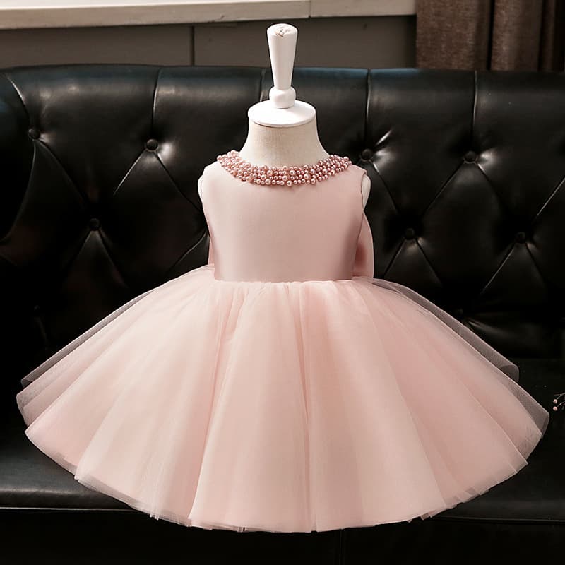 Pink Dress Baby Birthday First Birthday Dress Toddler Girls Princess Dress with Tulle and Large Bow Wholesale
