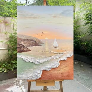 Dafen Village Hand-Painted Oil Painting Spring Coast Cream Style Decorative Painting Living Room Wabi-Sabi Style Entryway Texture Hanging Painting