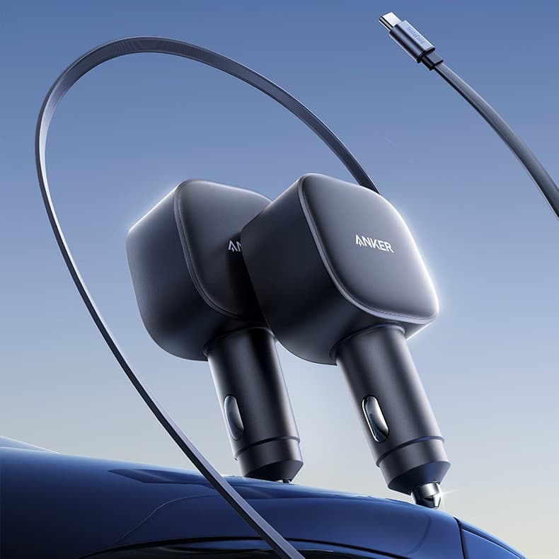 Anker Car Charger 75W with Built-In Retractable Cable Dual-Port Car Charger Suitable for Apple and Android A2738