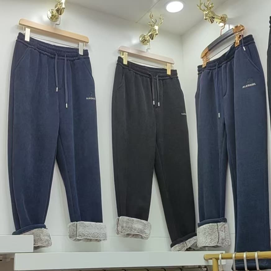 Men's winter extra thick fleece-lined zippered casual pants with belt buckle, snow fox fleece men's pants drawstring sports sweatpants