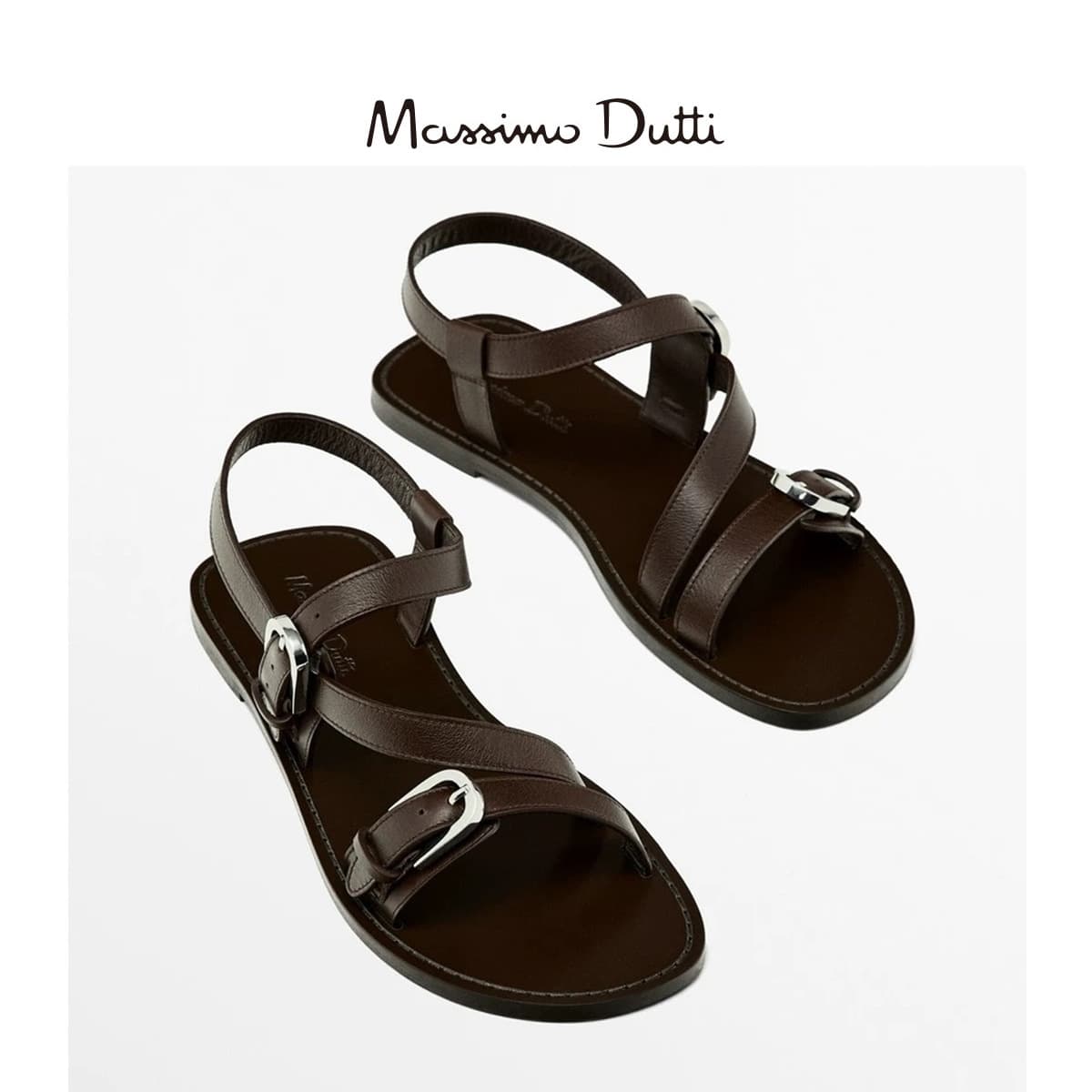 Massimo Dutti 2026 Spring/Summer New Women's Genuine Leather Brown Flat Sandals with Metal Buckle Cross Straps