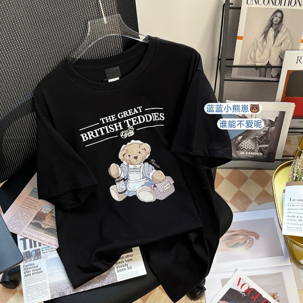 Pure Cotton Bag Collar Fashion Bear Letter Printed Short-sleeved T-shirt Summer New Loose Casual All-match Niche Top