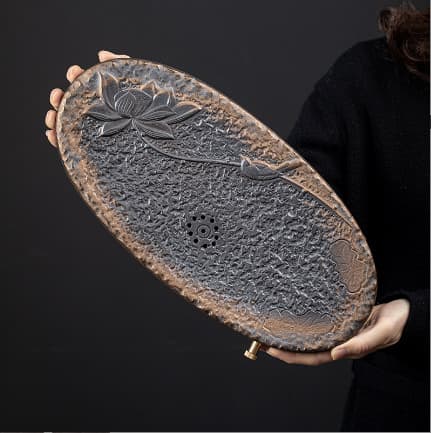 Tea Tray Japanese Rough Pottery Gilded Iron Glaze Large Ceramic Double-Layer Water Storage Drainage Dual-Use Tea Stand Dry Brewing Tea Platform
