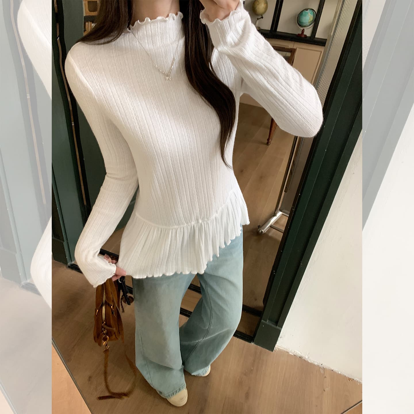Sweet Ruffle High-Neck Long-Sleeve Knit Top for Women 2026 Fall Loose-Fitting Slimming Flounce Blouse