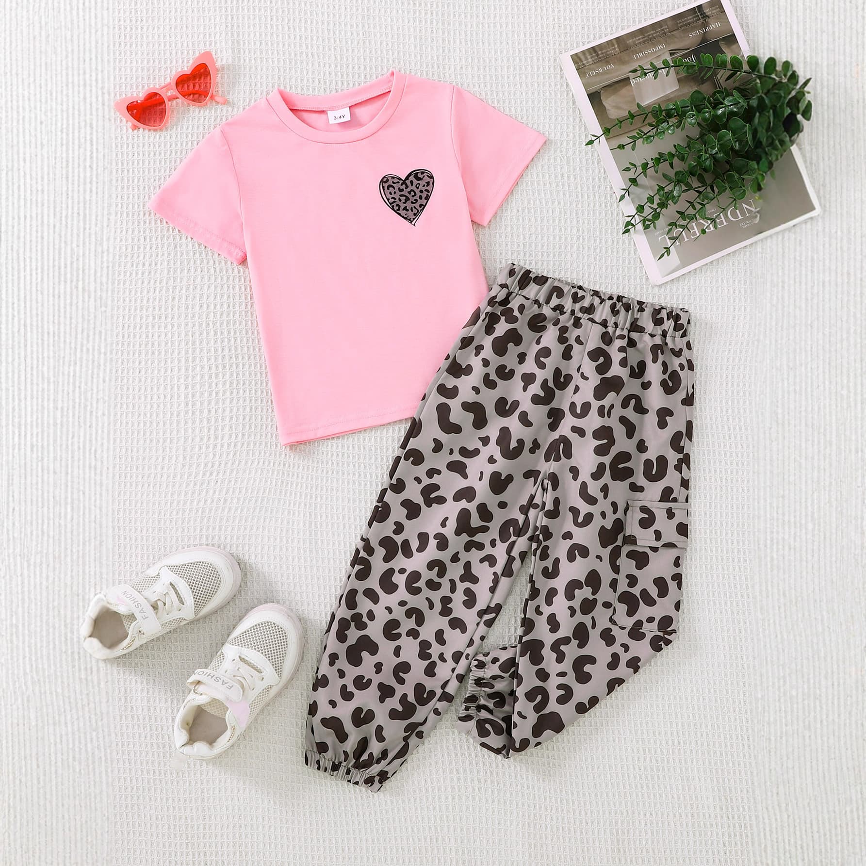 Girls leopard print love print round neck short-sleeved top leopard print pocket casual leggings overalls trousers suit