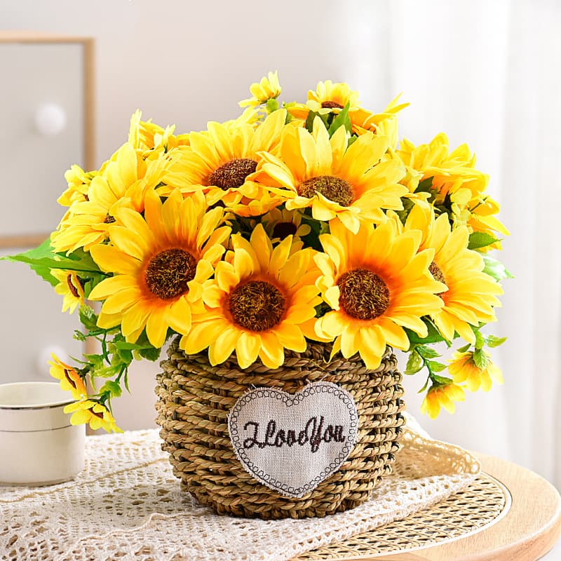 Artificial Sunflower Fake Flower Decoration Potted Floral Arrangement for Living Room Dining Table Coffee Table Silk Flower Ornament Plastic Bouquet