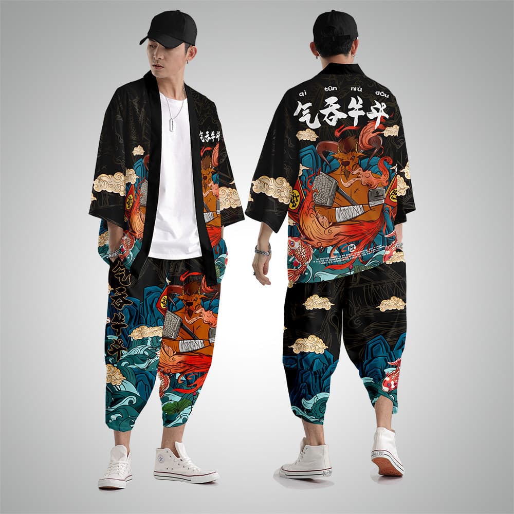 National trend Taoist robe sun protection clothing men's kimono style men's clothing three-quarter sleeve cardigan shirt Qi Yan Niu Dou Haori