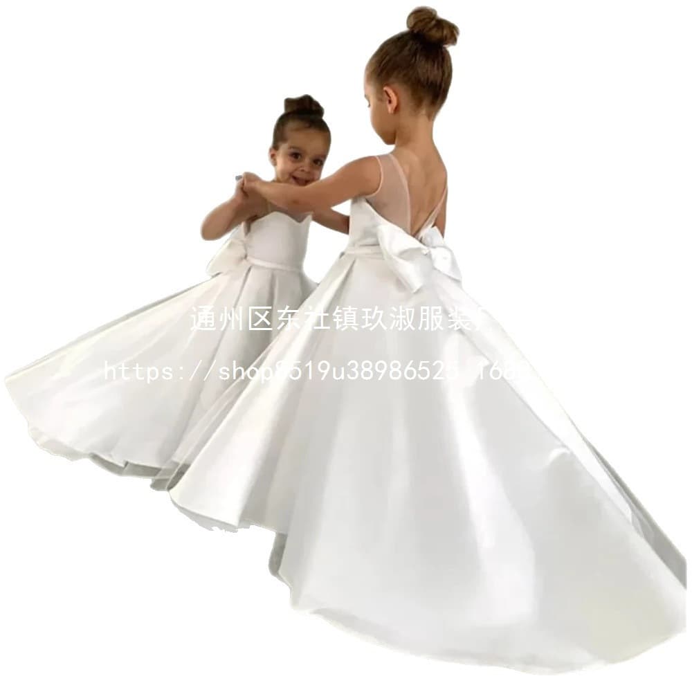 White Satin Flower Girl Wedding Dress with Small Train, Girls Catwalk Small Wedding Princess Dress, Photo Studio Portrait Gown