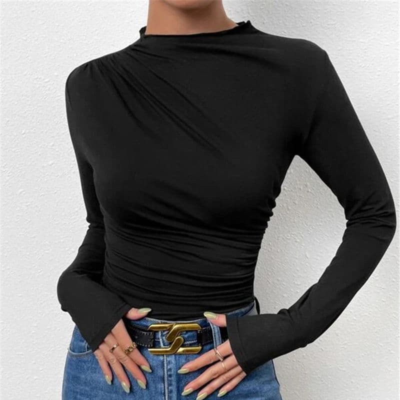 2023 Cross-Border European and American Solid Color Slim Fit Base Tee Versatile Pleated Design Long Sleeve T-Shirt Women's Top
