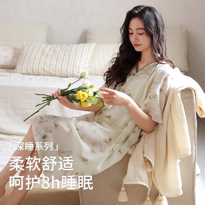Lyocell Nightgown Women Summer Cool Short Sleeve Long Dress Elegant Sleep Dress for Outdoor Wear