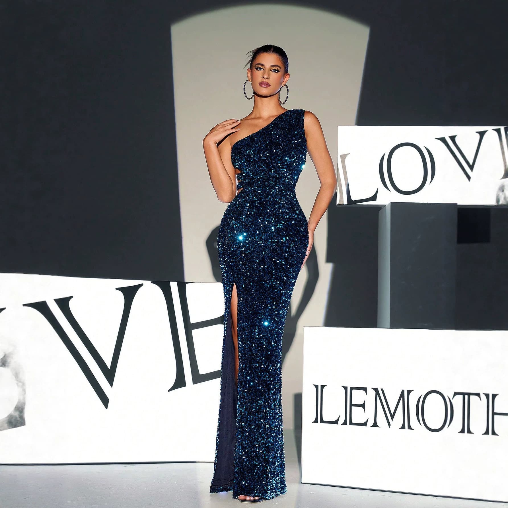 Amazon US & EU Women's Sexy One-Shoulder Fishtail Slit Slim Fit Sequined Party Evening Dress