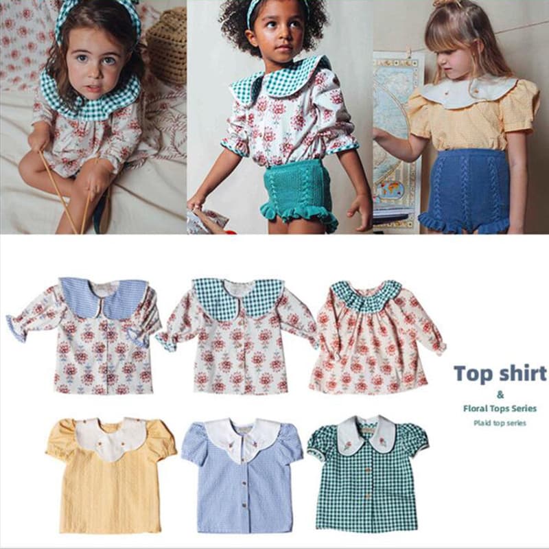 Girl's Bubble Sleeve Floral Collar Plaid Top, Spanish Style Kids Blouse, European and American Children's Shirt