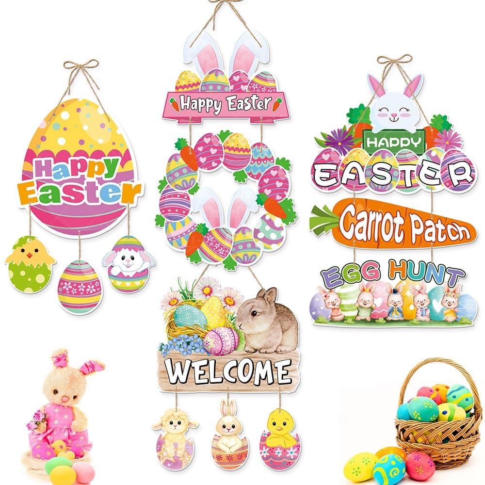 Cross-Border Easter Creative Decoration Door Hanger - Happy Easter Rabbit String Flag Hanging Ornament, Easter Party Decoration