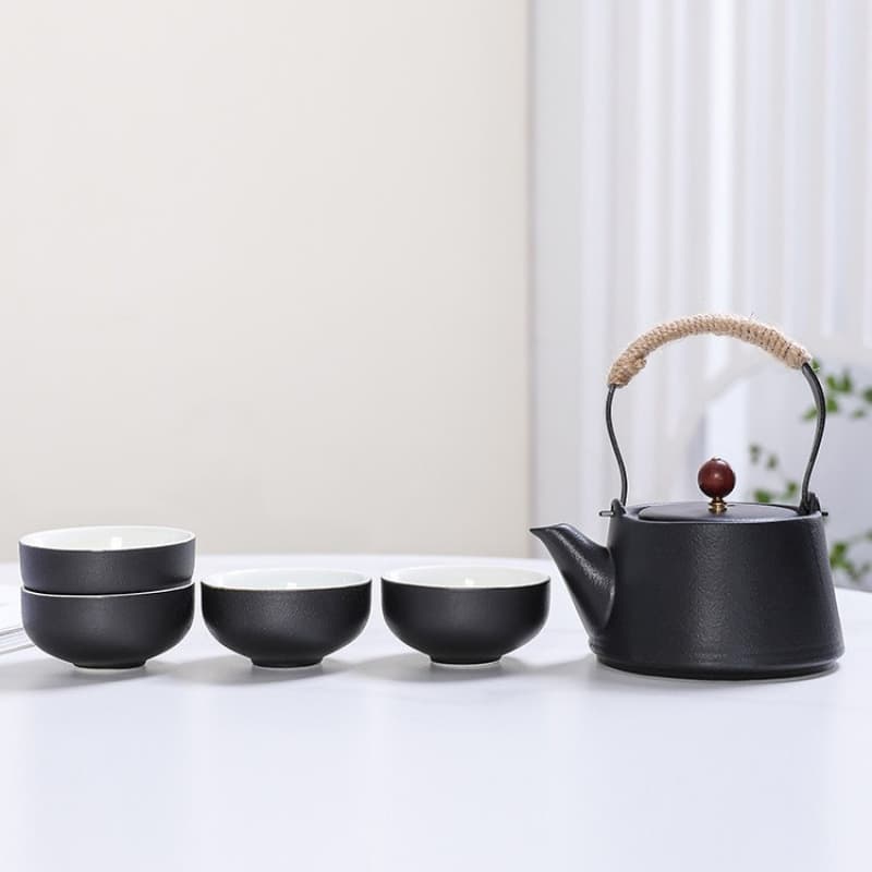 Matte Black Hanging Pot Ceramic Tea Set, Home Gongfu Tea Set, Chinese Retro Style with One Pot and Four Cups, Gift Option