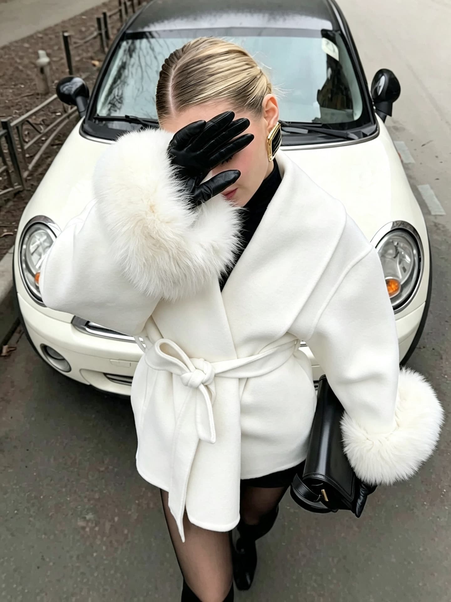 2026 Autumn/Winter Independent French Wool Coat Short Style Double-Faced Fabric with Furry Sleeves Tie-Belt Solid Color European-American Lapel