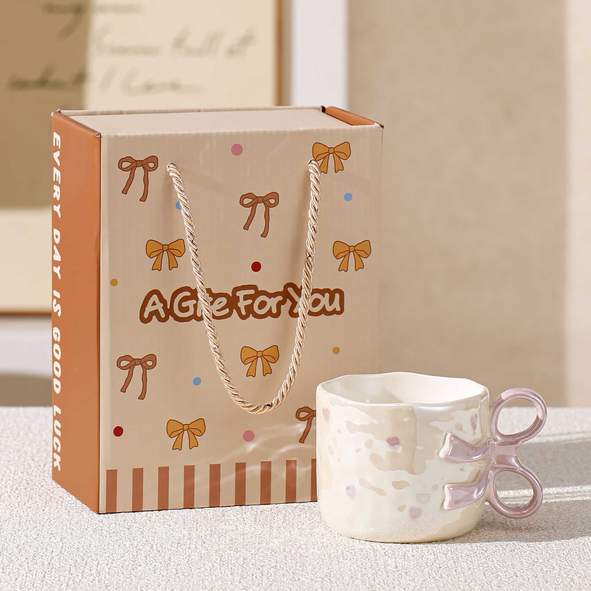 Girly Gift Box Set Single Cup Cute Bow Ceramic Cup High-Value Large-Capacity Mug Heart-Shaped Water Cup