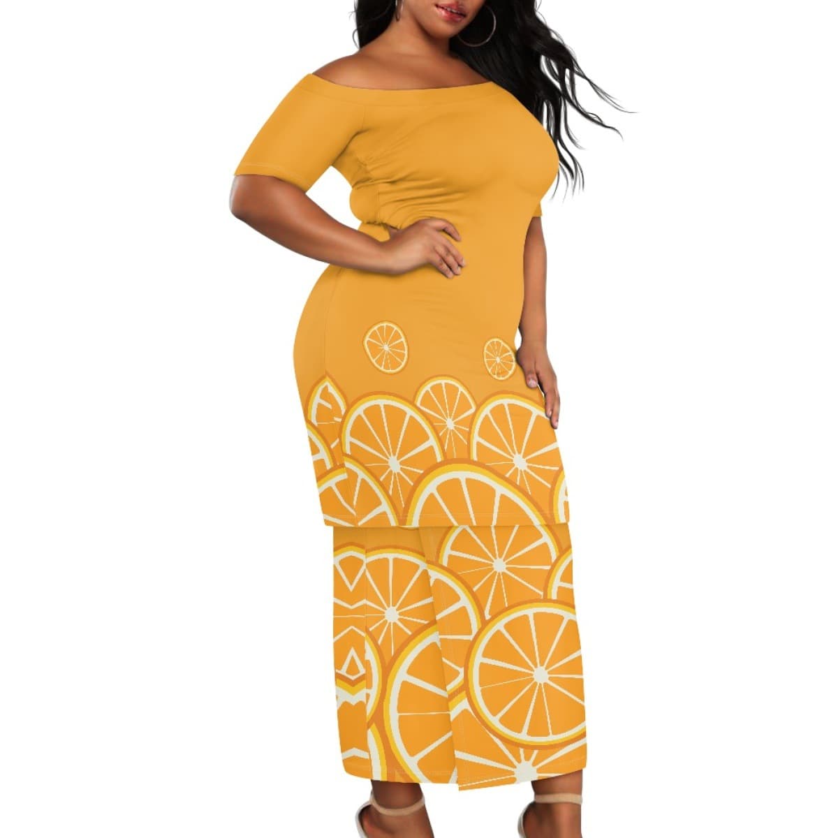 Cross-border fruit print Samoan traditional two-piece set for women, short-sleeved tops, long skirts, lemon pattern island costumes