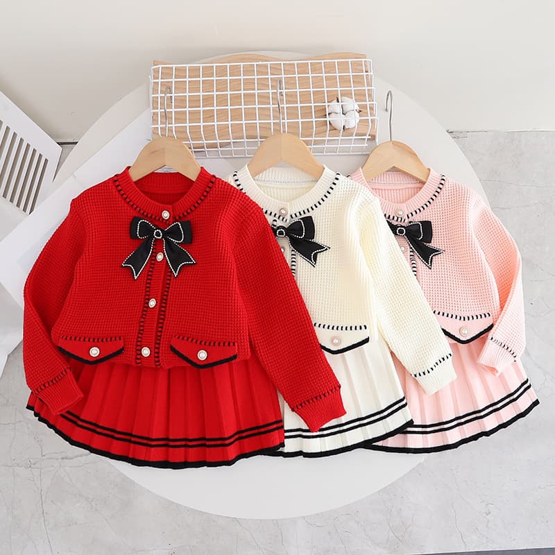 Girls Sweater Skirt, Stylish Black Bow Tie, Knitted Skirt with Flap Pocket, Baby Girl, Autumn and Winter New Style, Korean Style