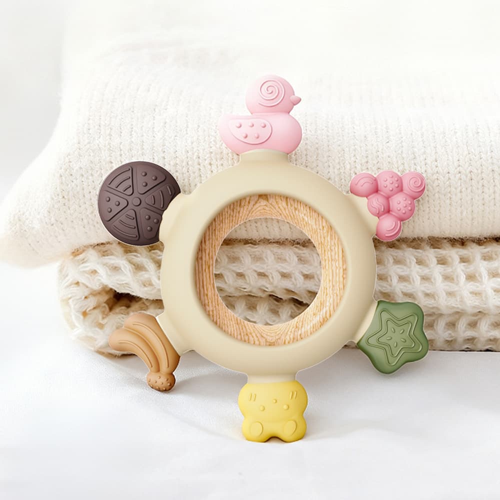 Cross-border Hot Sale Baby Teether Animal Wooden Ring Silicone Combination Infant Teething Soothing Chew Stick Factory