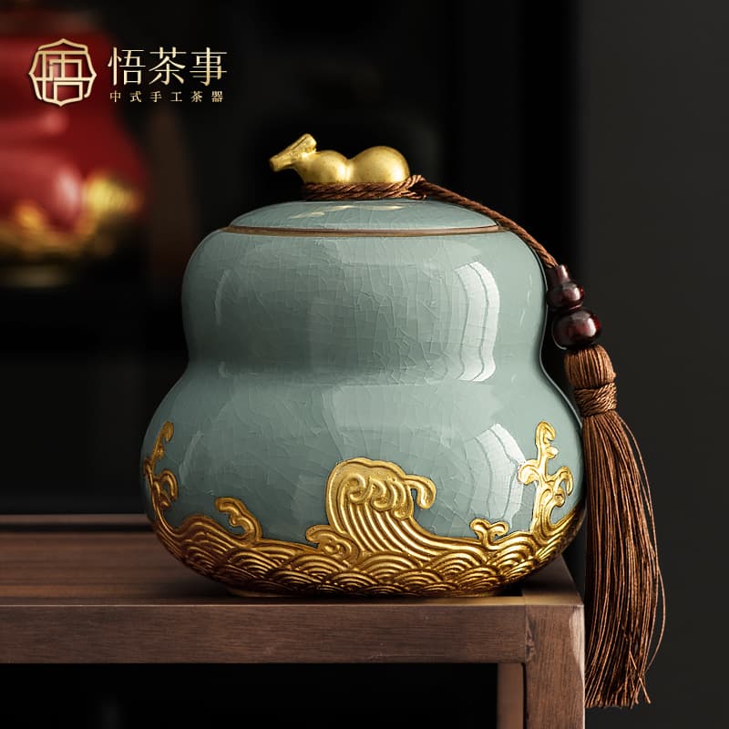 Ge Kiln-Style Ceramic Tea Caddy, Chinese Gourd-Shaped Sealed Tea Storage for Red and Green Tea, Household Empty Tea Container