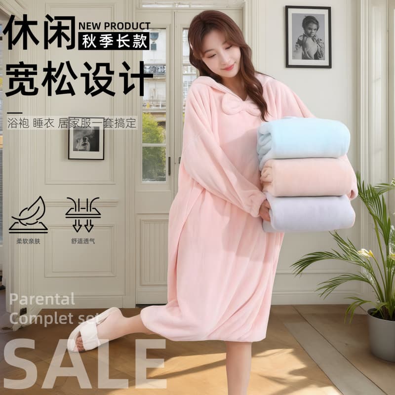 Autumn Winter Long Home Bathrobe for Women, Wearable Absorbent Towel, Coral Fleece Thick Household Hooded Long Sleeve Bath Dress