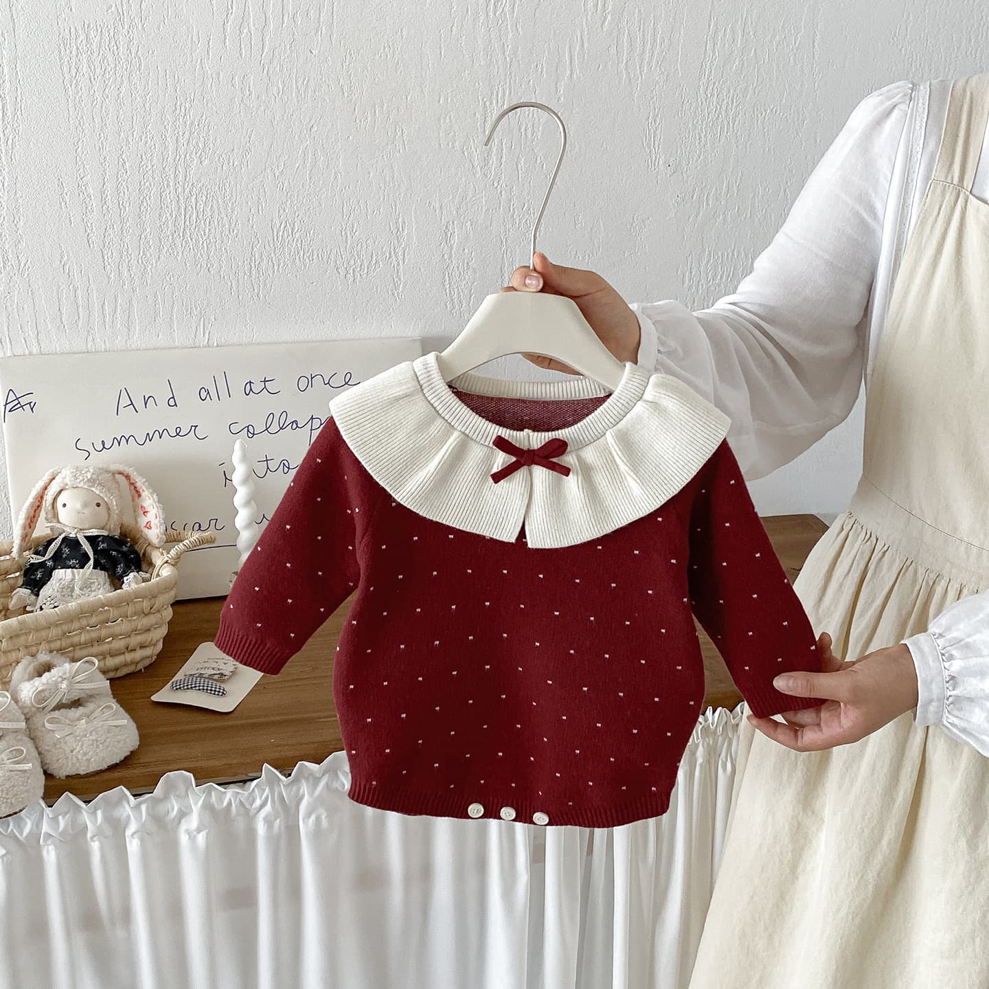 Dianxi Infant Baby Girl Peter Pan Collar Polka Dot Sweater Romper Autumn New Sweet Bow Long Sleeve Bodysuit