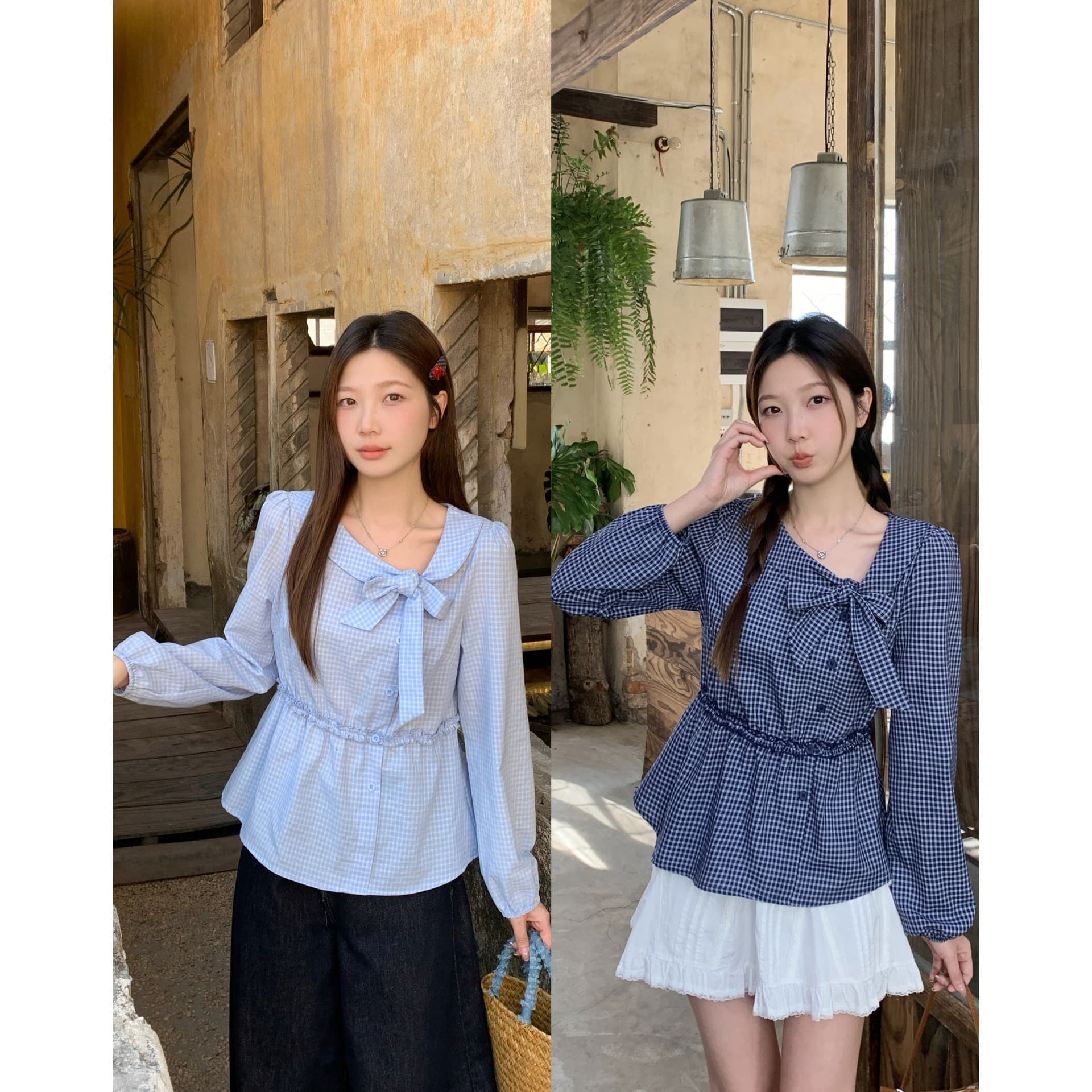 Real Shot of 2026 Spring Plus-Size Plaid Bowknot Shirt with a Stylish Design and Waist-Cinching Effect for a Youthful Look 80783