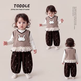 Little Girl Autumn Super Cute Three-Piece Set, Baby Girl Knit Vest, Base Layer Top, Butterfly Bow Pants, Girl Outfit